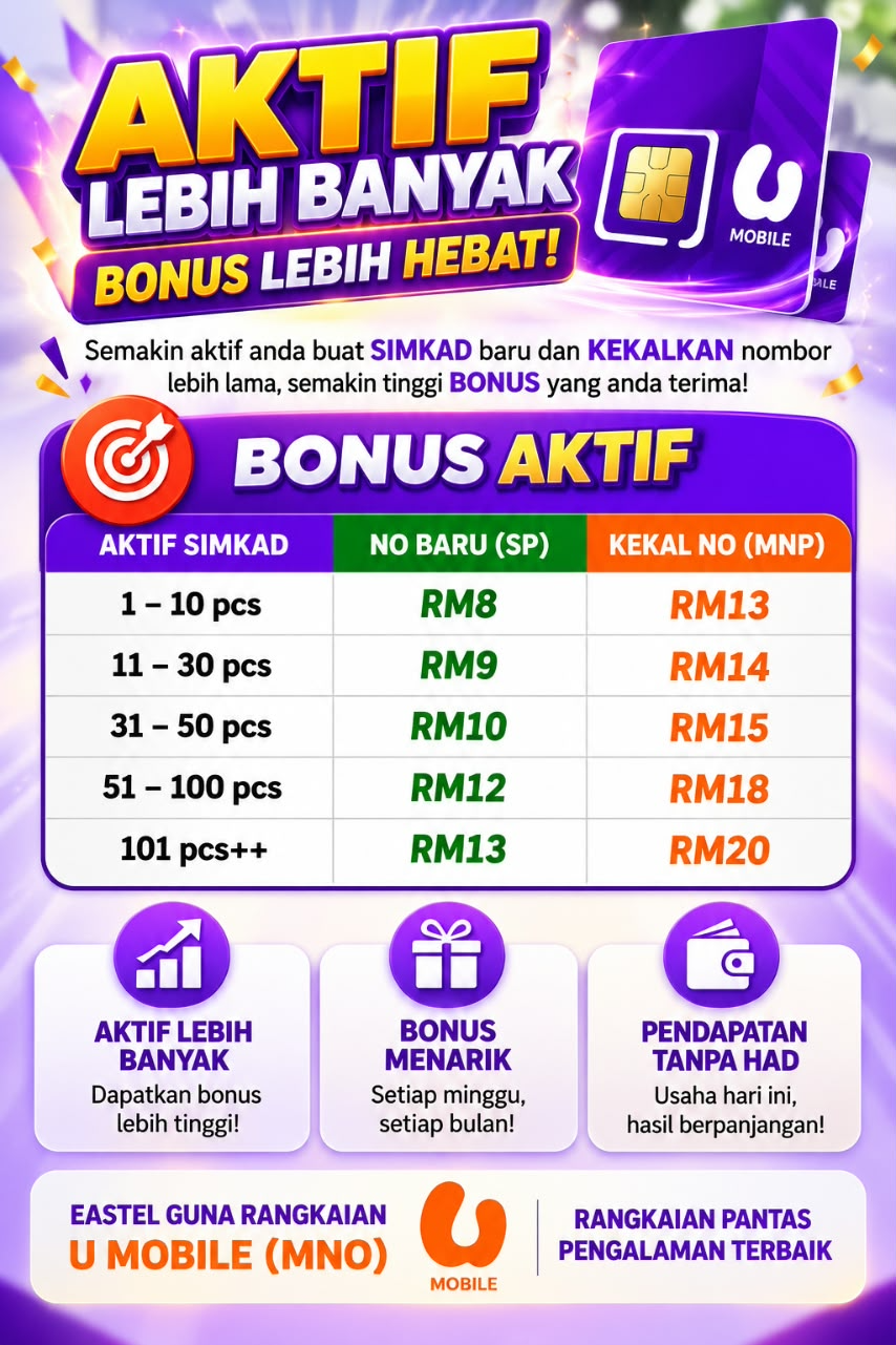 Poster bonus aktif Eastel — aktif lebih banyak, bonus lebih hebat (RM8 hingga RM20 mengikut jumlah SIMKAD)