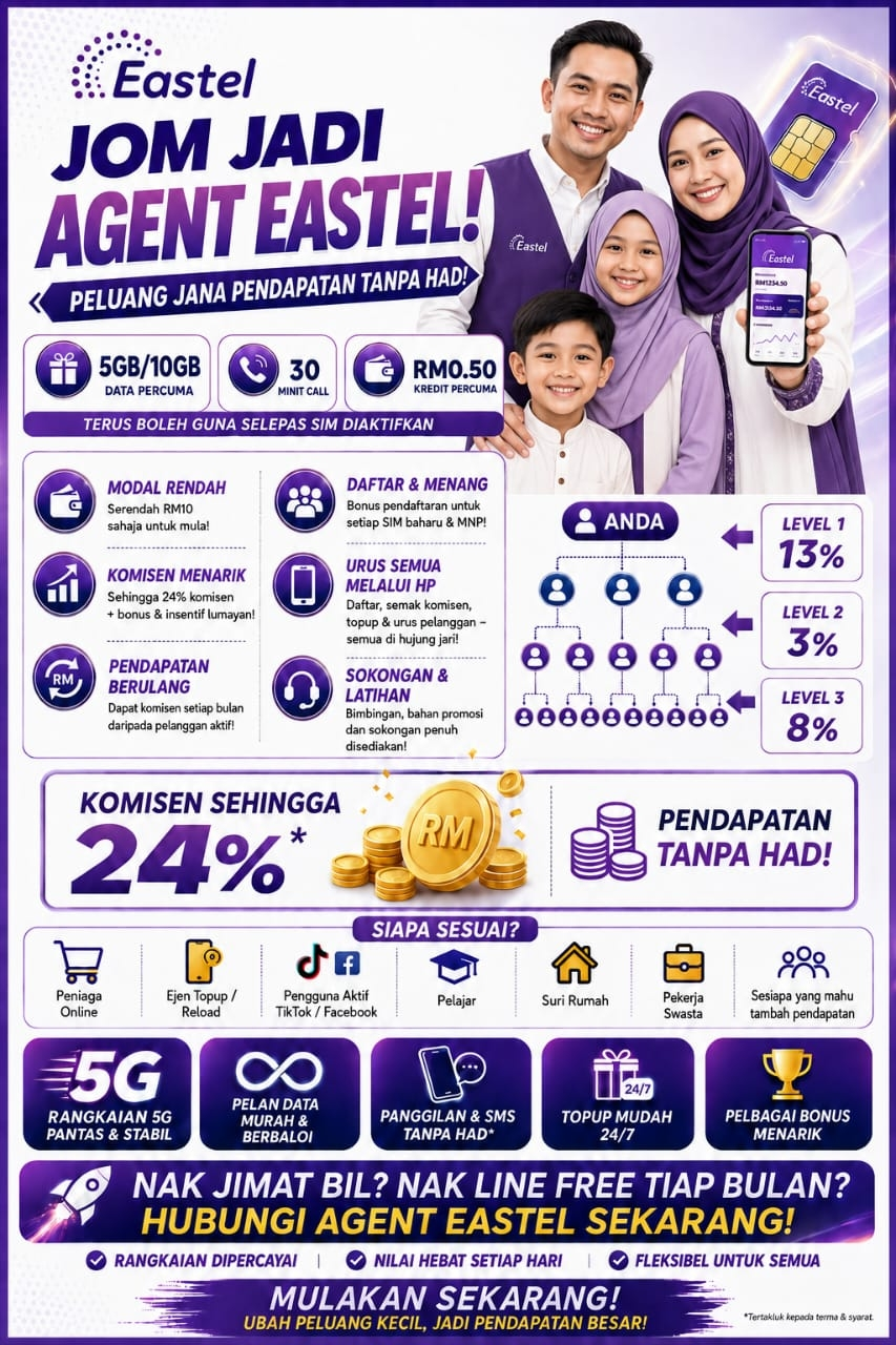 Poster Jom Jadi Dealer Eastel — peluang jana pendapatan tanpa had, komisen sehingga 24%