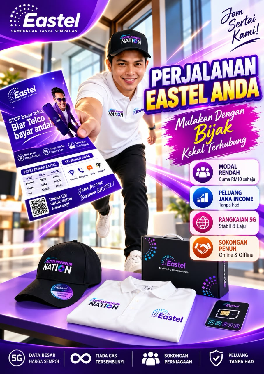 Poster Perjalanan Eastel Anda — pakej simkad Starter, Value dan Pro bersama starter kit Eastel